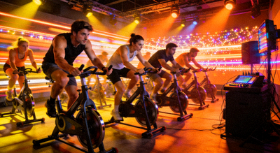 动感单车室内骑行课程，灯光音乐营造激情氛围