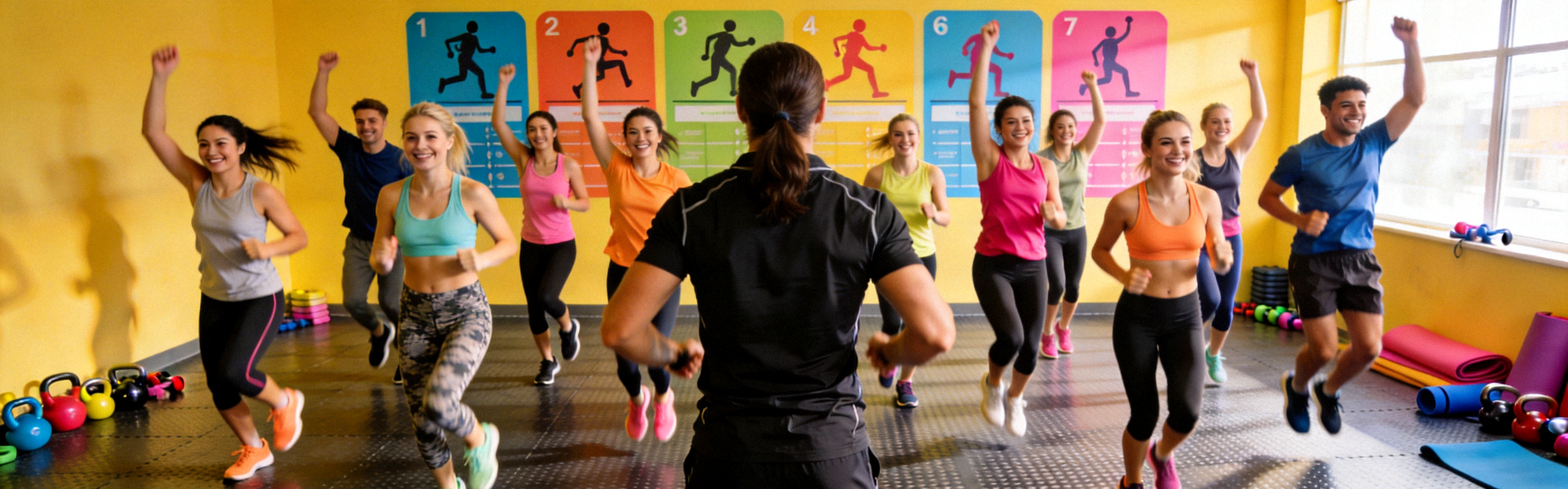 活力教练带领学员进行团体健身操课程的欢乐场景，学员笑容满面，气氛活跃