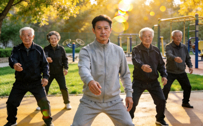 老年人在教练带领下进行太极拳等温和健身活动