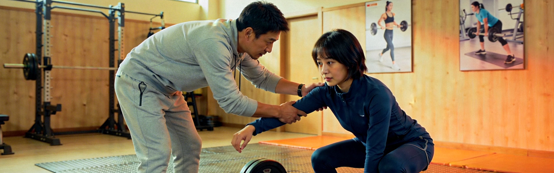 专业教练一对一指导学员进行动作纠正的温馨场景，体现个性化服务